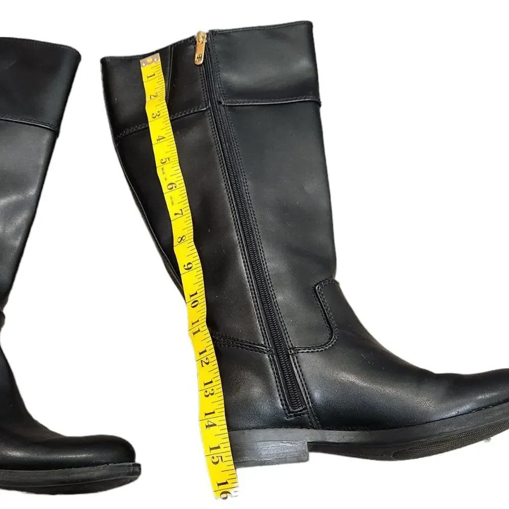Tommy Hilfiger Faux Leather Mid-Calf Boots Black Goldtone Logo Size 7.5
